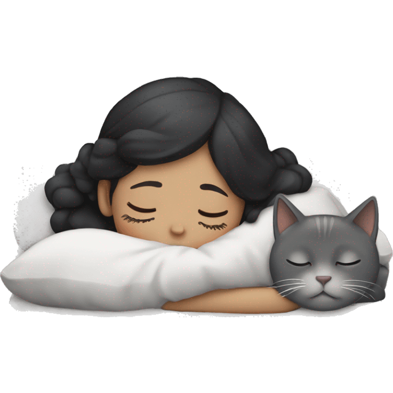 black hair white girl sleeping with a gray cat emoji