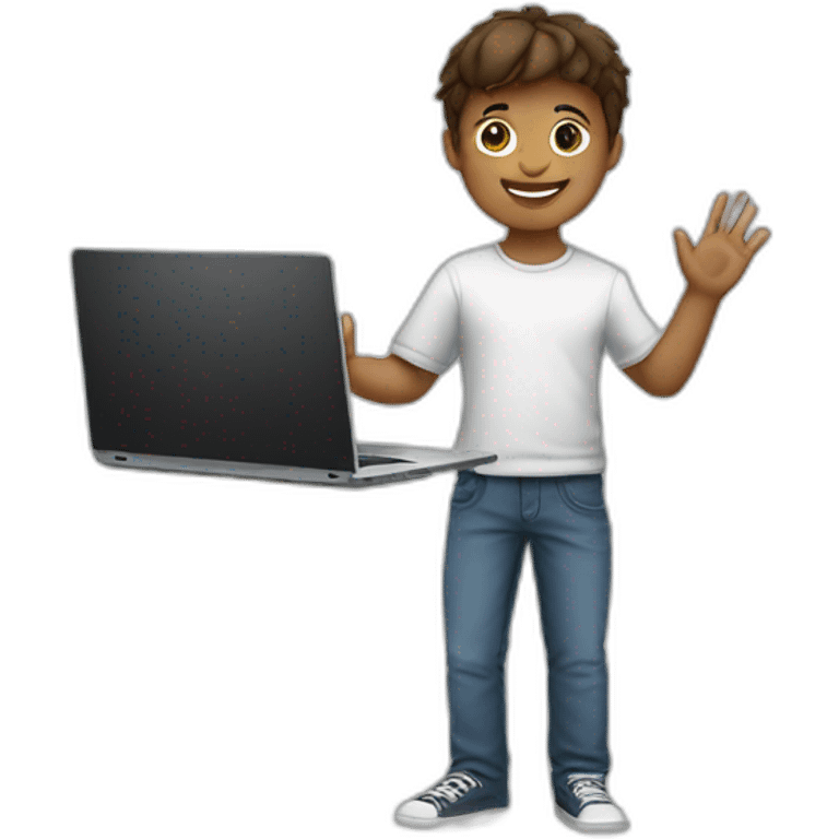 boy holding laptop and waving hi emoji