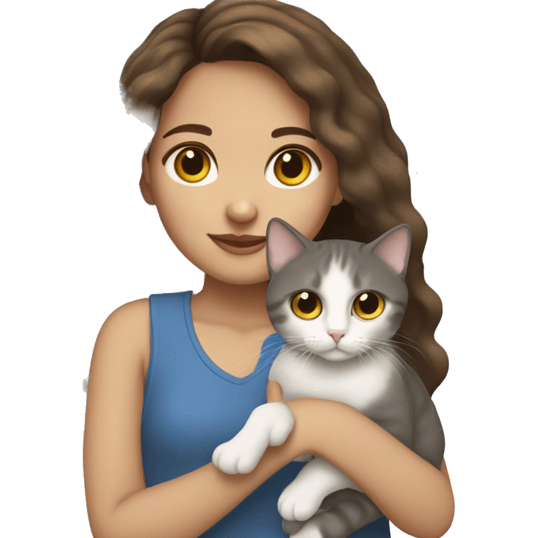 Girl with brown hair and Light skin holding a British blue point cat  emoji