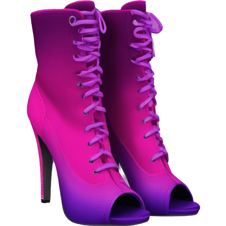 Realistic isolated front top view of a Pair of magenta to purple ombre higH heel peep toe bootie boots. emoji