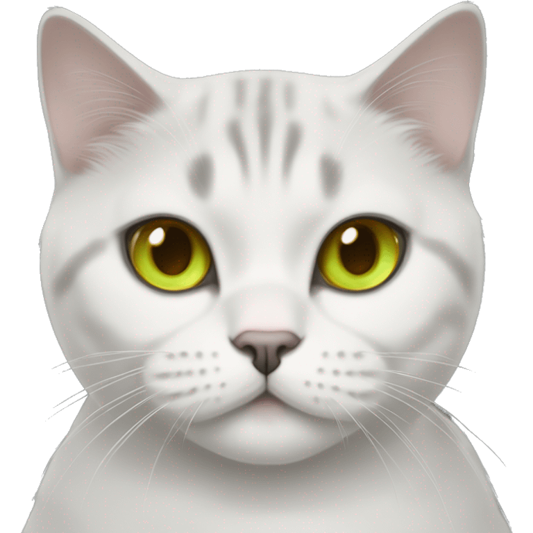 British Shorthair white Short Face Cat with Yellow and green gradient Eyes with have blackhair and brown eyes girl  emoji