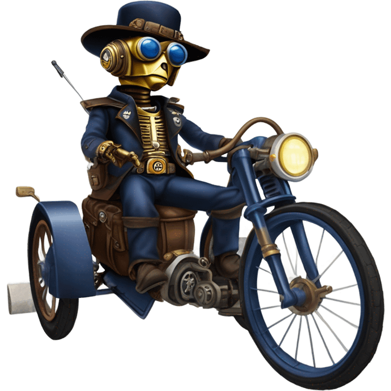 Old west Bounty hunter C-3PO Jedi wearing a pair of navy-blue rimmed steampunk goggles, hat, leather chaps, fringe jacket riding a relaxed sci-fi 3 wheeler trike steampunk rat rod motorcycle with large fenders and saddlebags in desert town  emoji