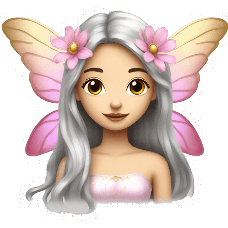 Beautiful, flower, fairy, pink, silver, gold, long hair, big wings, fair skin emoji