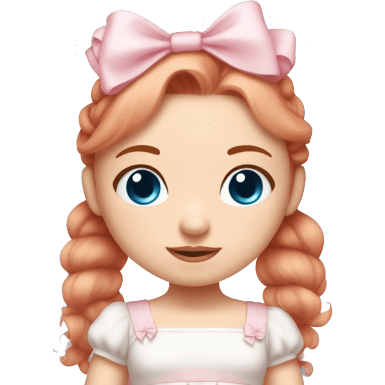 Little  babygirl with White skin, blue eyes. Light red hair in two ponytails, with light pink bows.  She is wearing a light pink and White dress, holding a teddybear with a pink bow. emoji