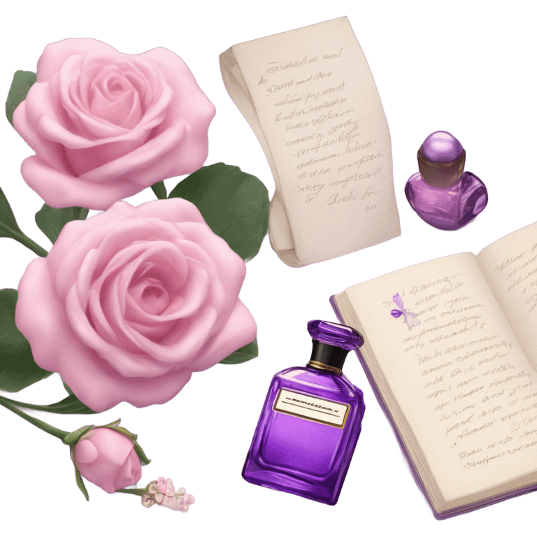 Aesthetic showcase of light pink stock flowers, a vintage-inspired violet perfume bottle, an emotional love note, and a purple silk bookmark. emoji