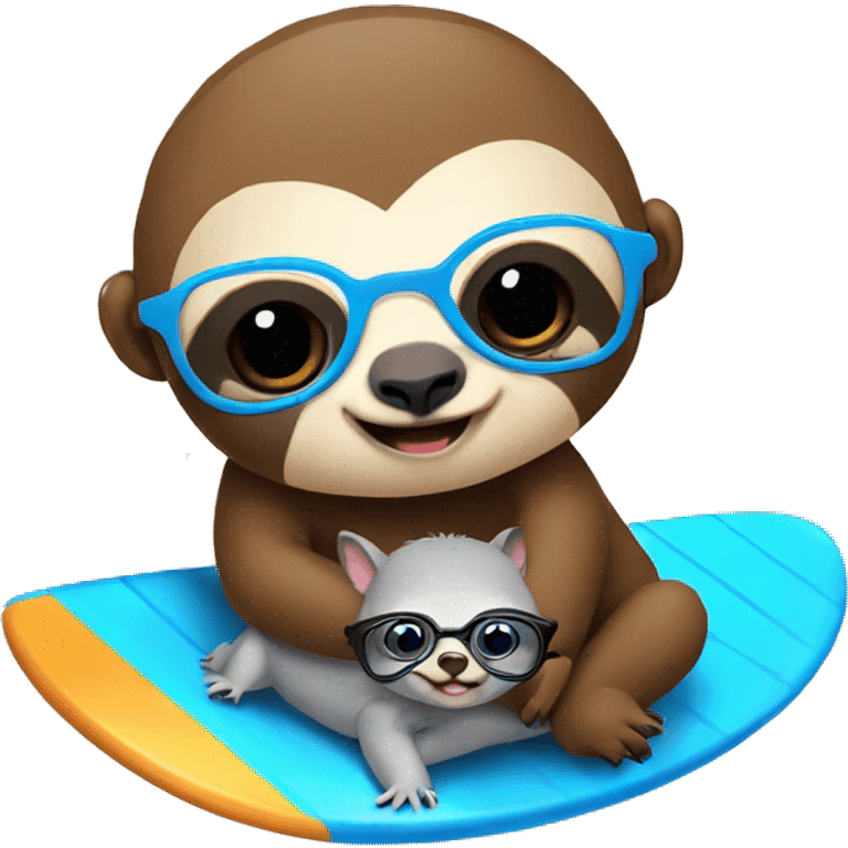 sloth surfing holding a kitten wearing glasses emoji