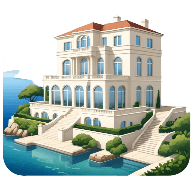 A mansion by the sea, with large windows, a spacious terrace overlooking the water, and a traditional or modern architectural style. The house is typically white or light-colored, with a luxurious and elegant design. Surrounded by beautiful greenery and a calm, scenic view of the coastline emoji