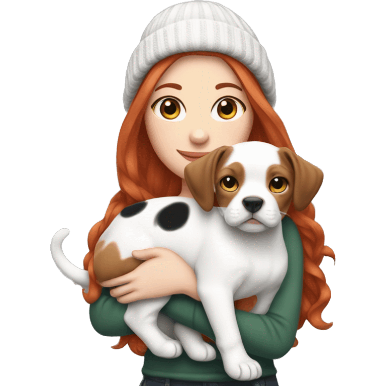 Long Red haired white woman in beanie with holding both a black and white English Staffordshire puppy and tabby cat emoji