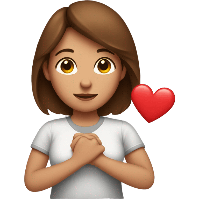 A woman with brown hair showing a heart with her hands  emoji