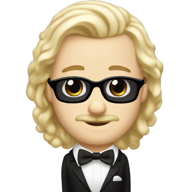 White man long blonde hair wearing a black tuxedo with white bow tie small moustache emoji