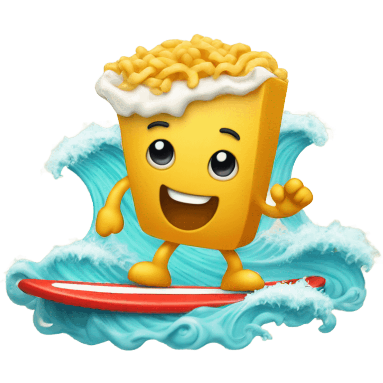 Single macaroni surfing on a surf board in the ocean with waves emoji