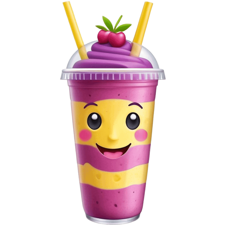 Cute Kawaii Smoothie Cup, filled with blended fruity goodness, a smiling face with excited eyes, bright colorful layers of pink, yellow, and purple, topped with a straw and tiny fruit slices! emoji