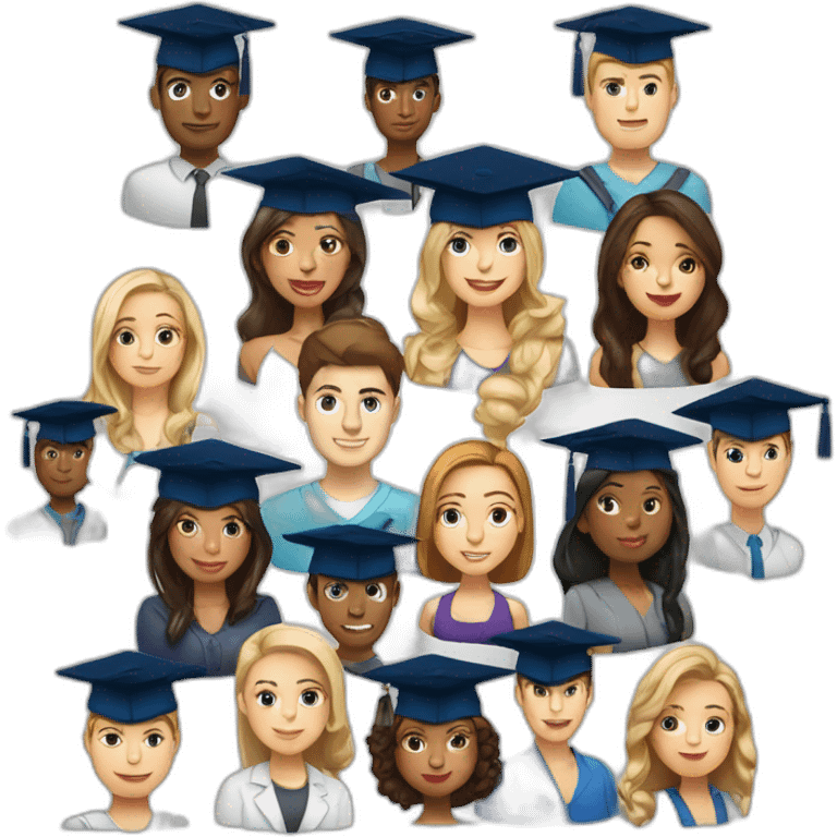 White-skinned students with women and men wearing academic caps emoji