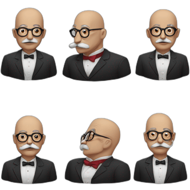 old artist wearing a big gray mustache, a bald spot, small round glasses and a red shirt and black tie emoji