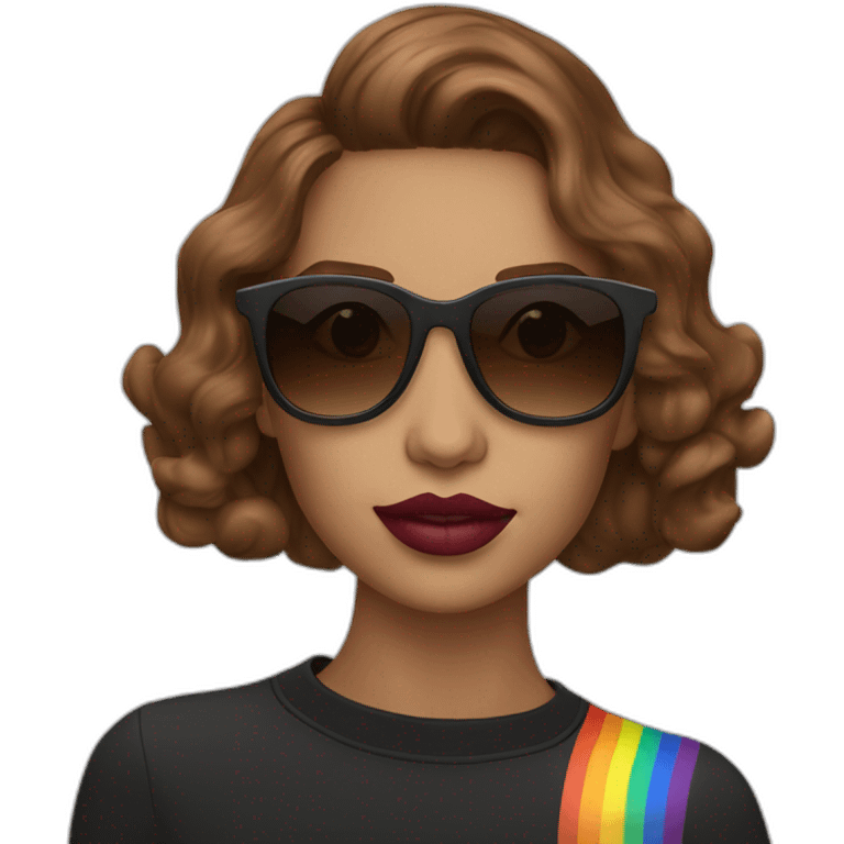 gay pride sunglasses on female head with wavy brown hair and rainbow lipstick emoji