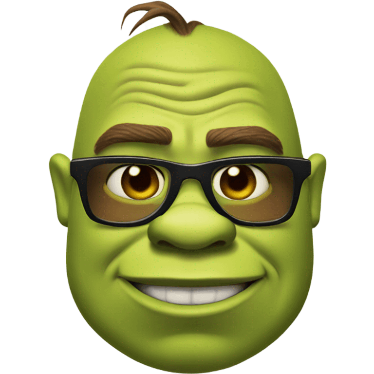 Shrek, wearing sunglasses, pointing at the camera, smirking emoji emoji