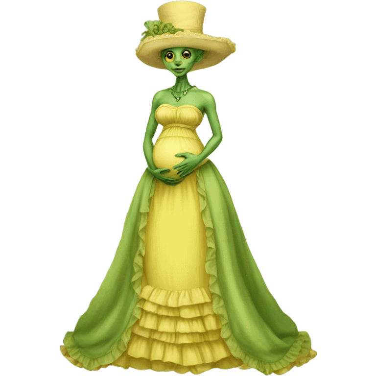 Pregnant green alien woman, full body, in victorian jellow elegant dress emoji