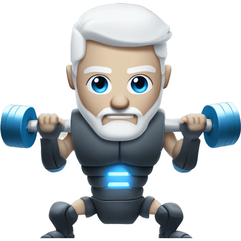 Bionic robot man with white hair and beard and blue human eyes flexing muscly arms and lifting weights   emoji