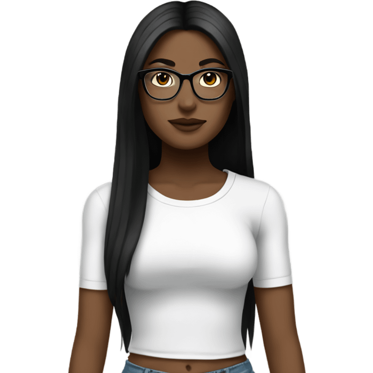 White girl with long straight black hair wearing a white crop top and glasses full body emoji