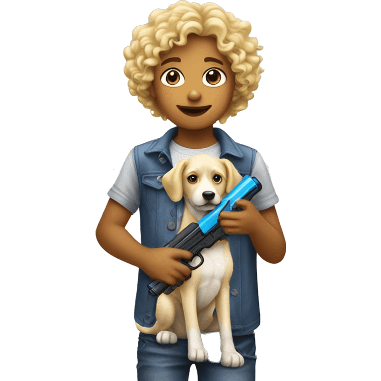 Make a blonde kid with curly hair holding a water gun at a dog emoji