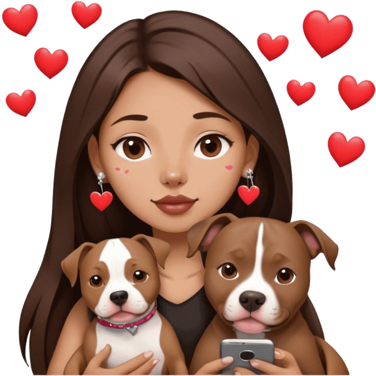 Young girl with long dark brown layered hair hair sits with her one dog who is a pretty girl pitbull with her cell phone in her hand in a small septum ring in her nose was hearts flying all around her emoji