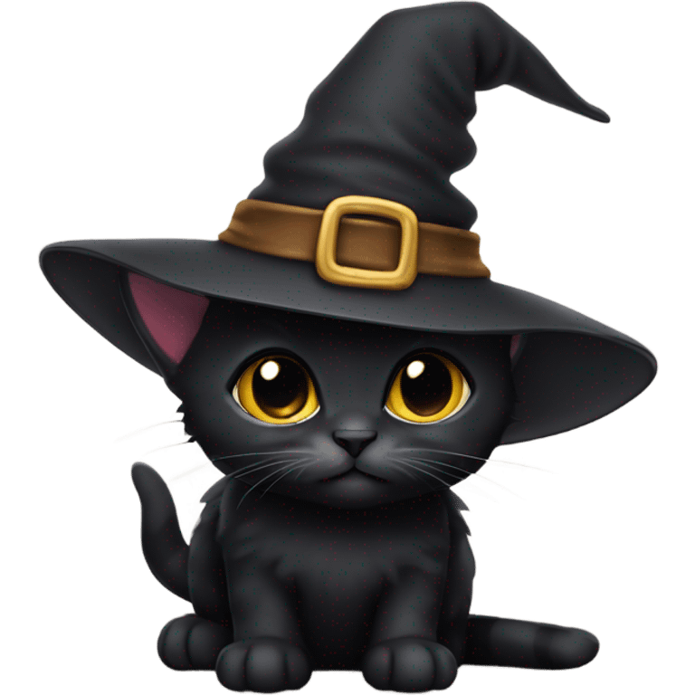 Small black kitten wearing a witch hat emoji