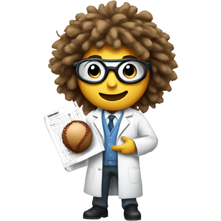 cartoon scientist with wild hair, wearing a lab coat and goggles holding a baseball hitting chart emoji