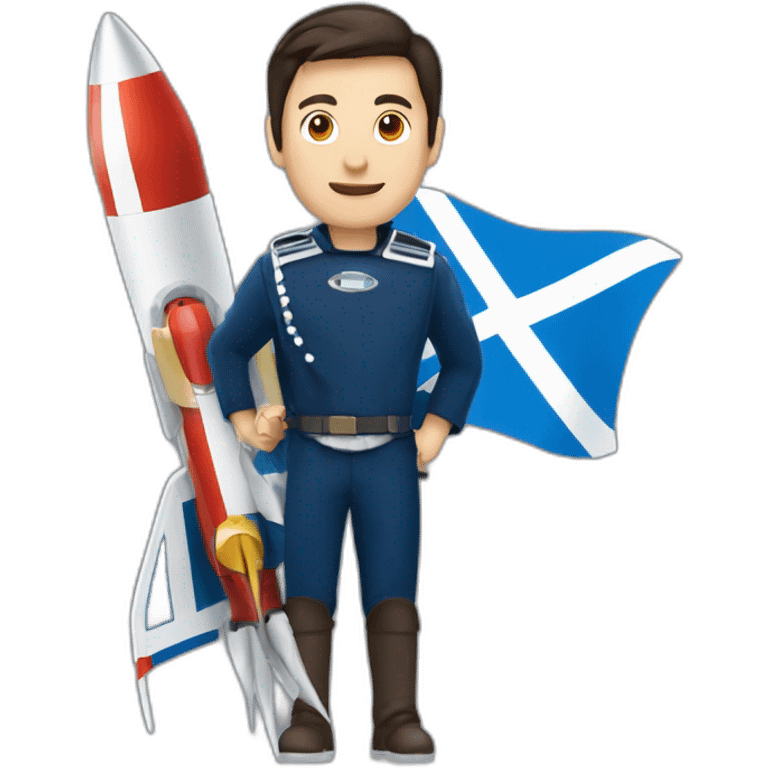 British yorkshire man dark brown hair clean shaven straddling a rocket with Scotland flag flying emoji