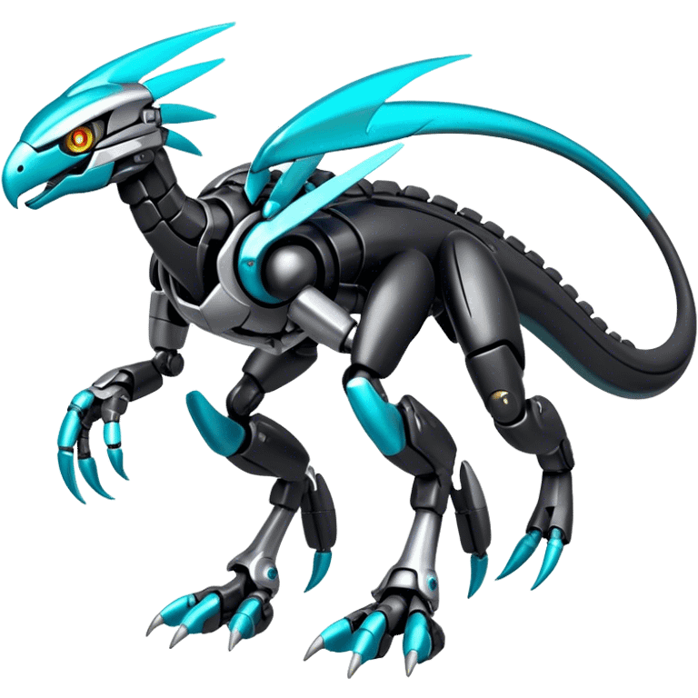 Shiny Futuristic Celestial Glossy-Metallic-Alloy Cyborg-Fakemon-Pokemon-Digimon-Spectrobes-Raptor-fusion, full body, four legs, black body, cyan accents, scales emoji