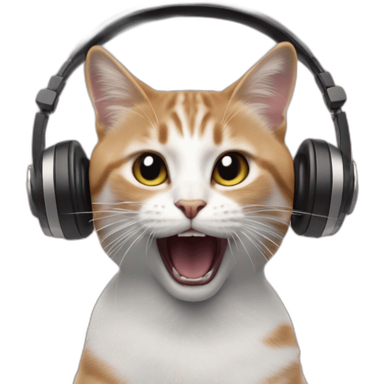 cat wearing headphones shouting and singing in front of microphones, blurred image, microphone on left emoji