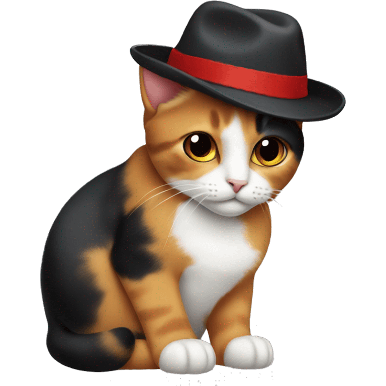 a calico cat wearing a red fedora hat with a black band in the style of the windows 10 emoji emoji