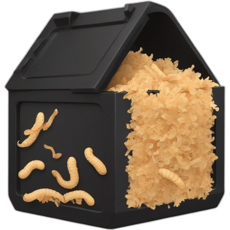 Black cubic plastic container with wood shavings and worms inside emoji