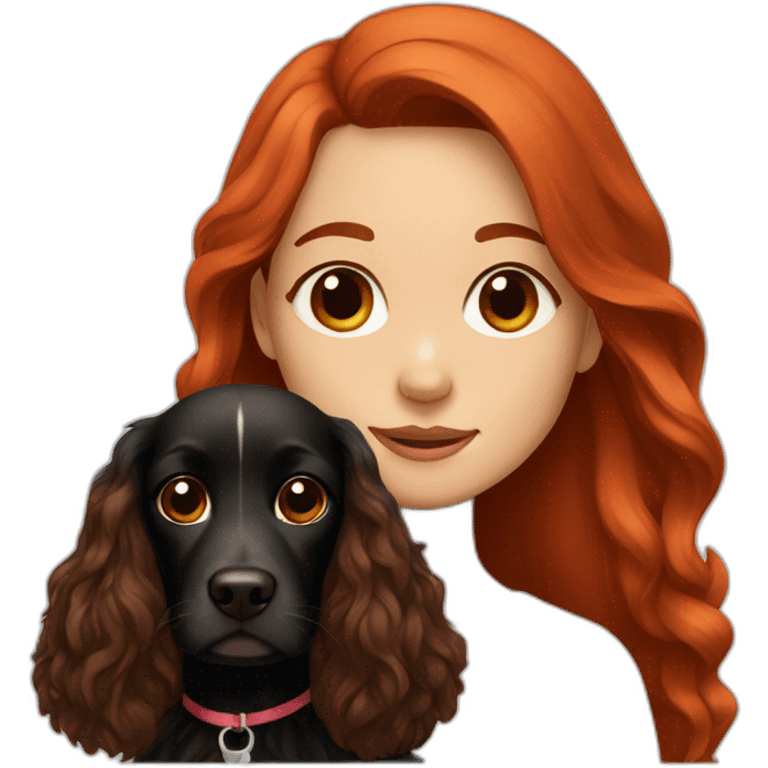 girl in long red hair sits with black and brown  spaniel emoji