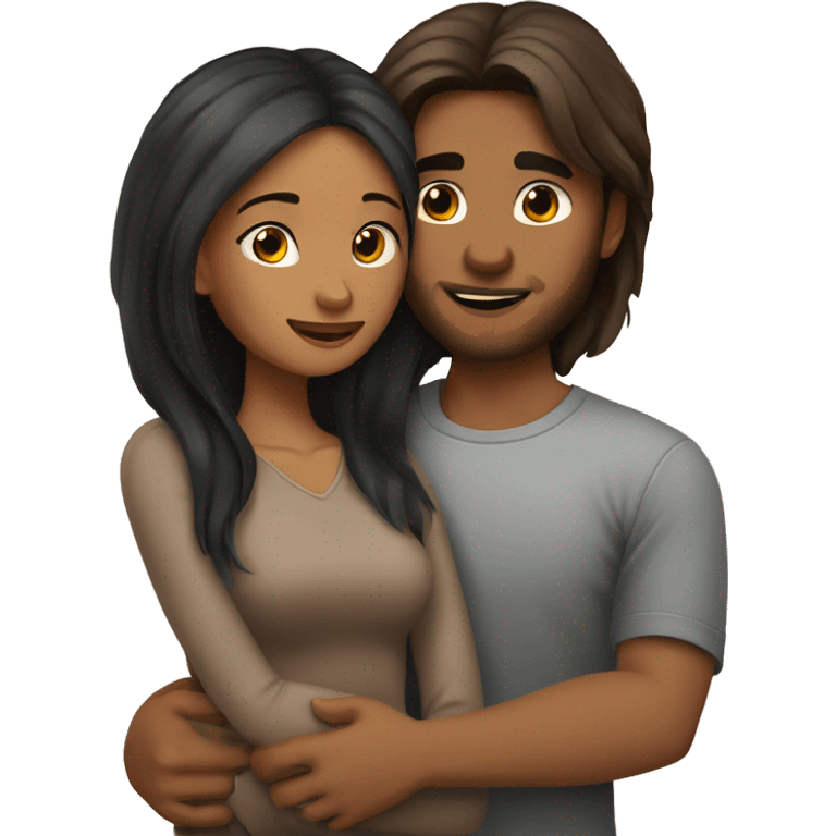 medium skin, Black long hair girl hugging with a fair skin man with brown hair on top emoji