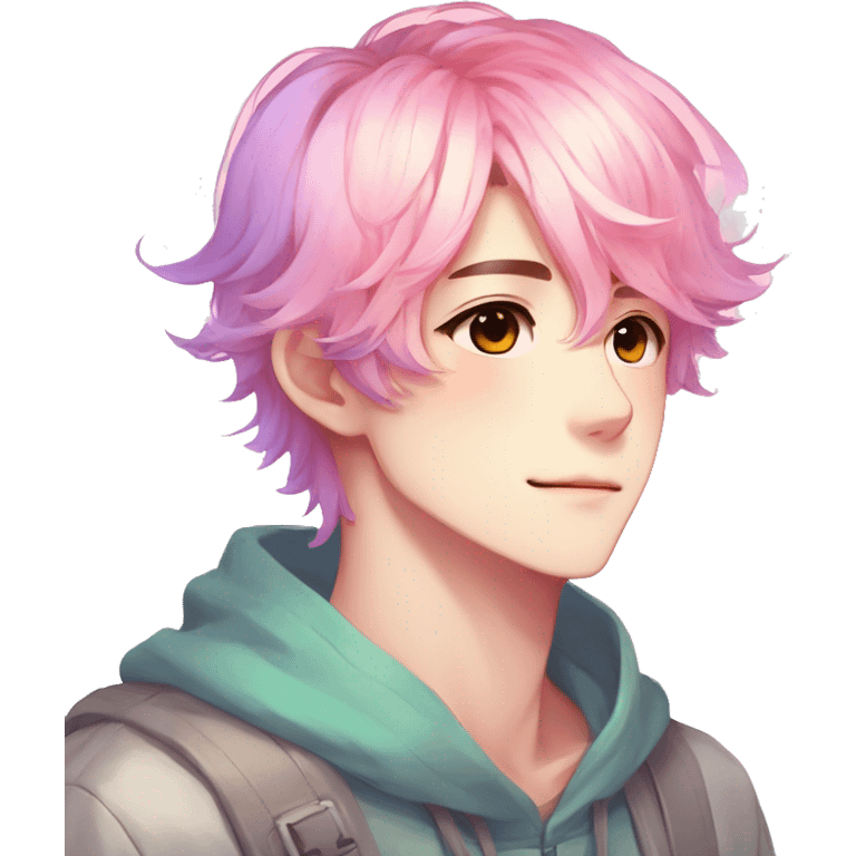 Gorgeous anime style shojo guy with blushing face aesthetic and pretty colorful shiny gradient pastel hair trending style emoji