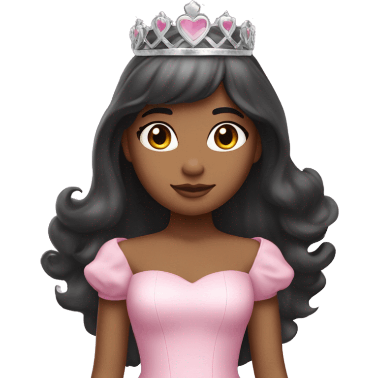 Princess with halo with medium skin tone with long black hair with bang with silver pink heart tiara and pink dress emoji