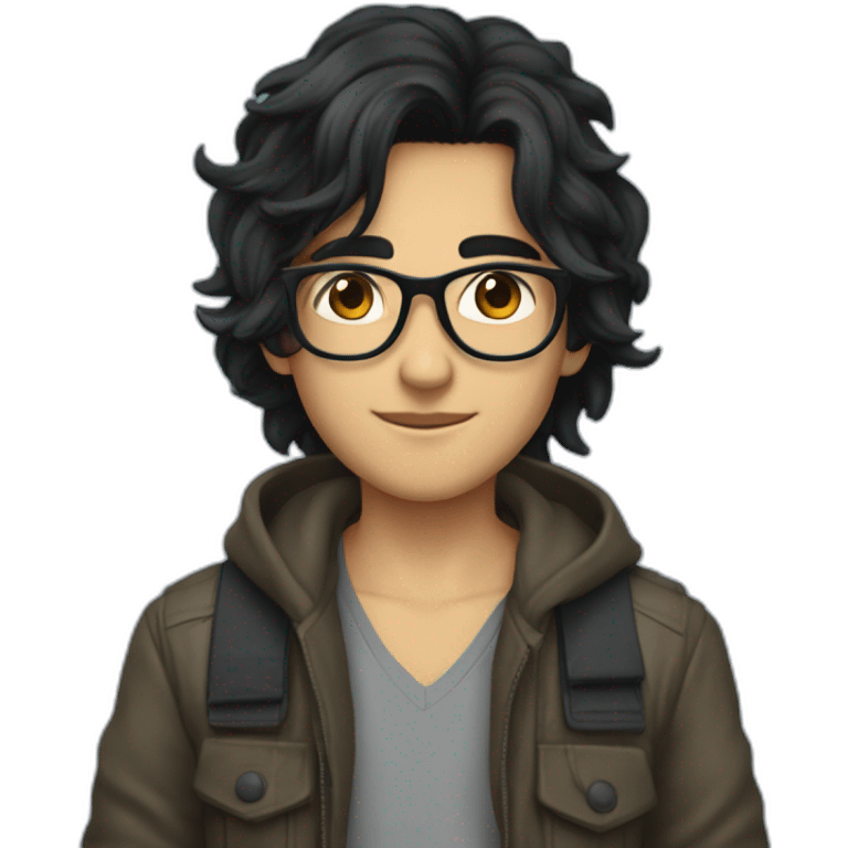 young muselim with semi long black hair blue glasses and black eyes in plane emoji