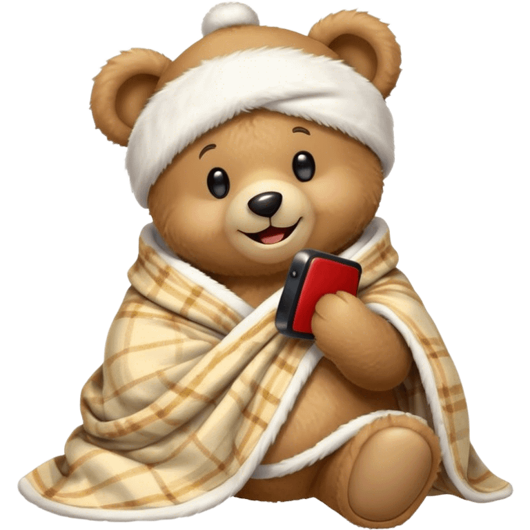 a Christmas teddy happy bear wrapped in a blanket talks on phone emoji