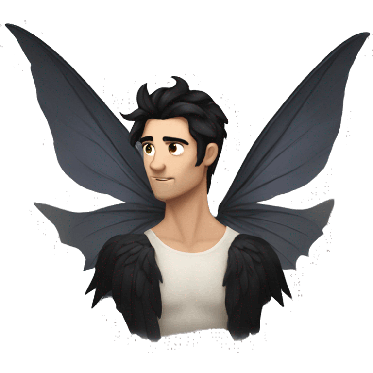 A male fae with black hair with large black wings emoji