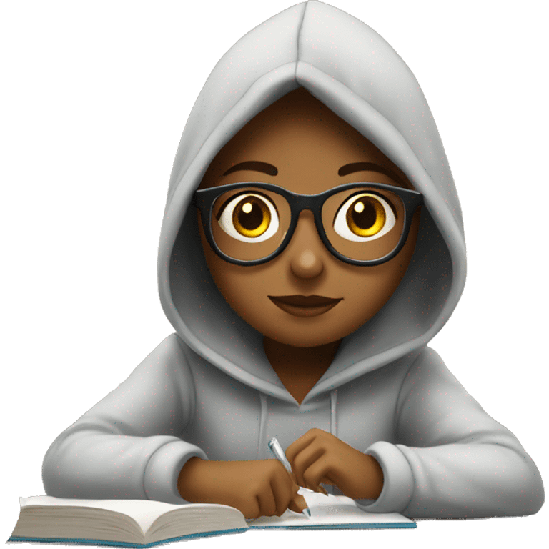 a girl in a hoodie and glasses sitting at kitchen table studying emoji