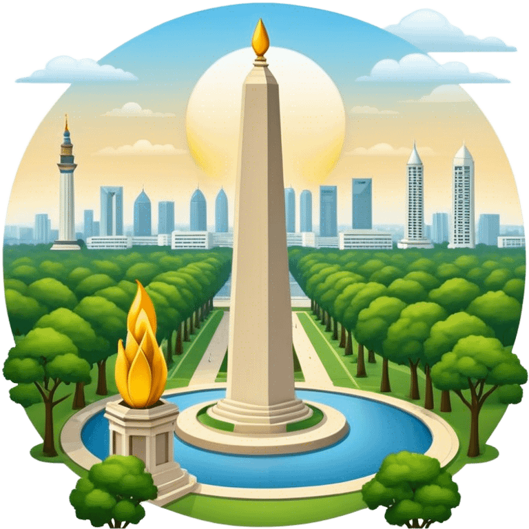 Cinematic Realistic Monas Landmark Emoji, showcasing the National Monument in Jakarta, a towering obelisk with a golden flame, set within a lush park under a clear, radiant sky. emoji