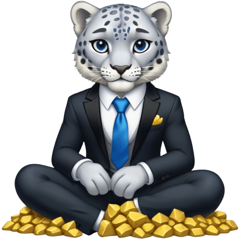 muscular snow leopard in black suit with blue tie sitting on pile of gold nuggets emoji