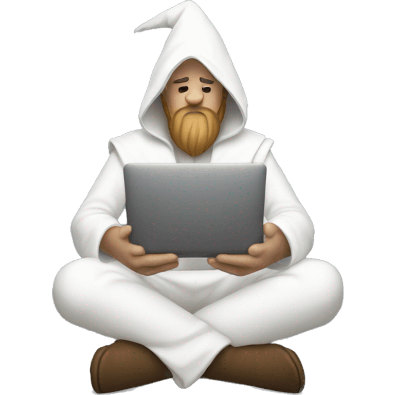 white Wizard sitting cross legged and doing deep work on a Macbook emoji