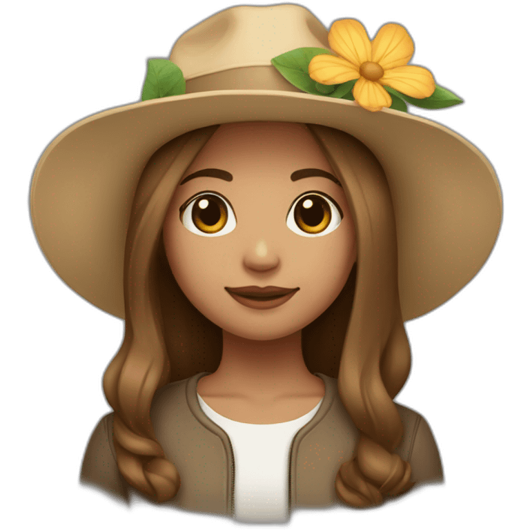 Light skin, Girl with a flower in her hand, with a hat, shoulder-length brown straight hair emoji