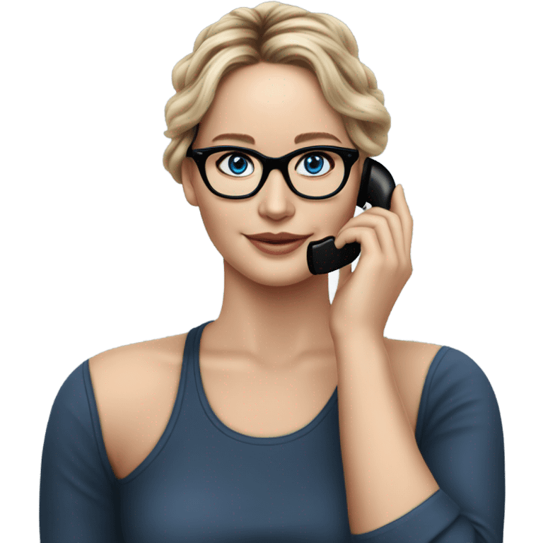 Realistic Photo of Brunette Jennifer Lawrence wearing black glasses and blue eyes talking on the phone  emoji