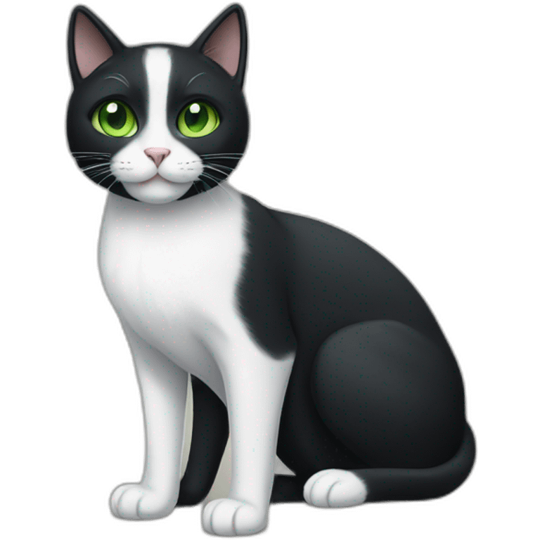 A black cat with green eyes with a white mustache, a white stripe on its nose, a full-length white breast and white paws emoji