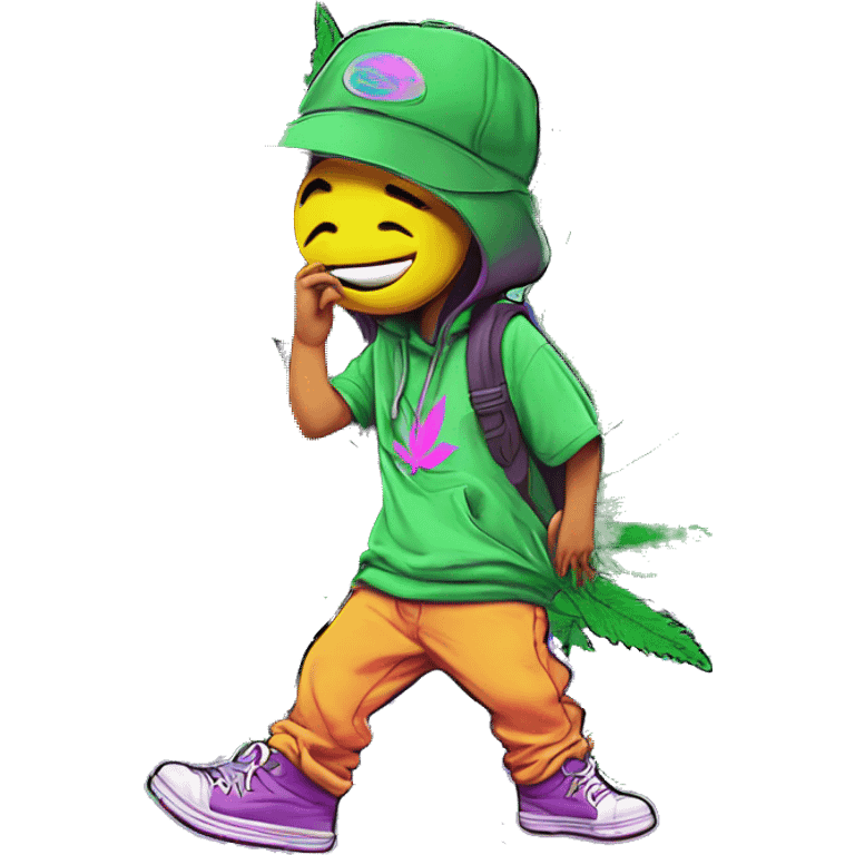 Hemp leaves Multicoloured neon person smoking wearing hoodie dancing hip hop bucket hat tropical Skater fashion aesthetic baggy clothes graphic t shirt 420 emoji