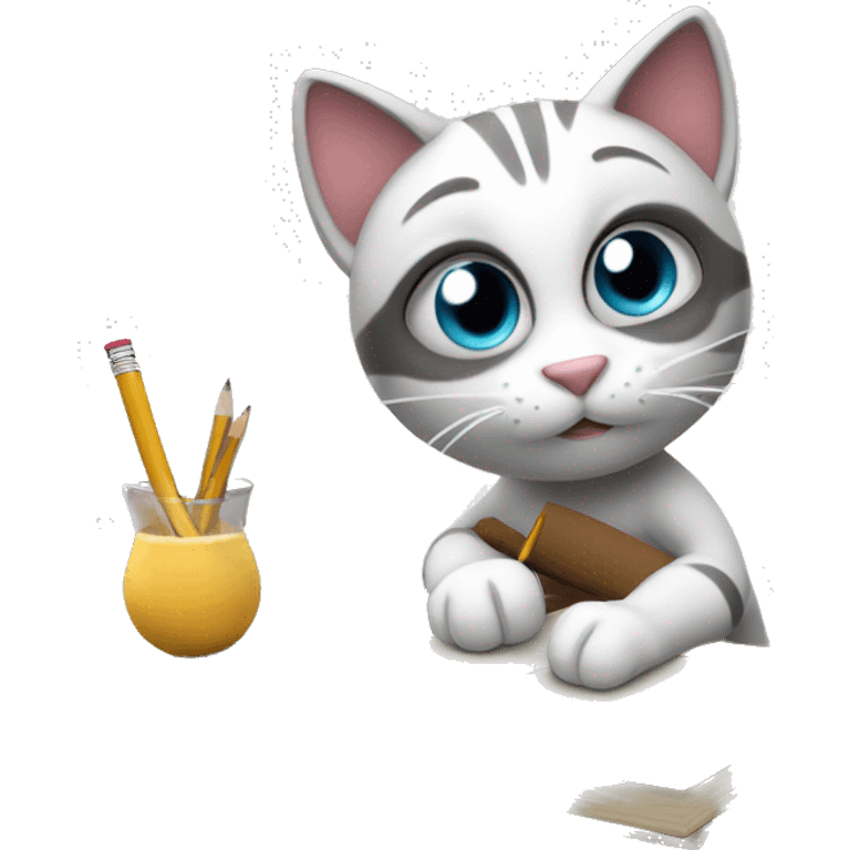 cartoon cat Auzuki doing homework using a big pencil in his paw. emoji