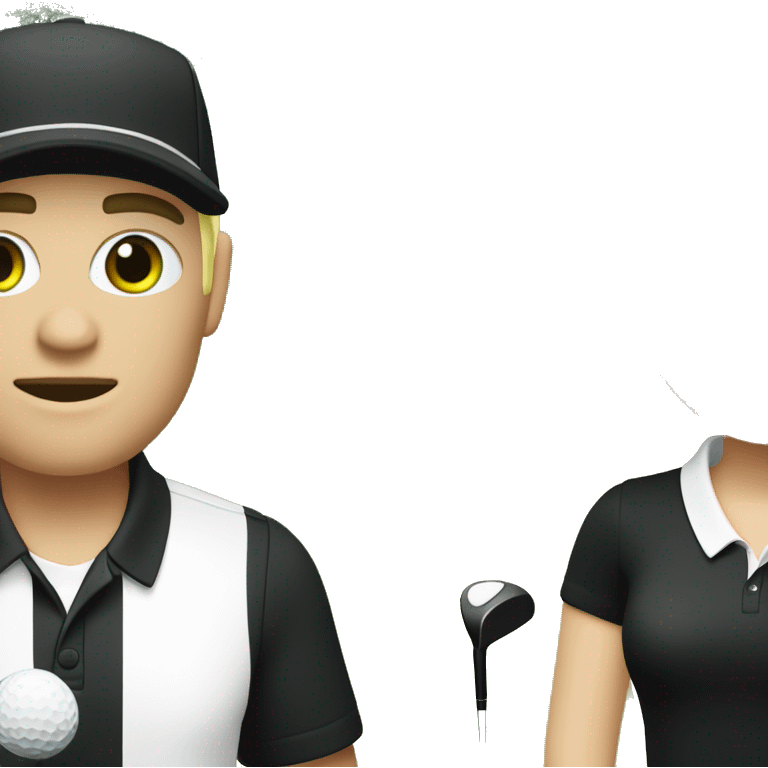 Blond white men green eye wearing white golf outfit, and black hair white woman with brown eye woman wearing black golf outfit playing golf. emoji