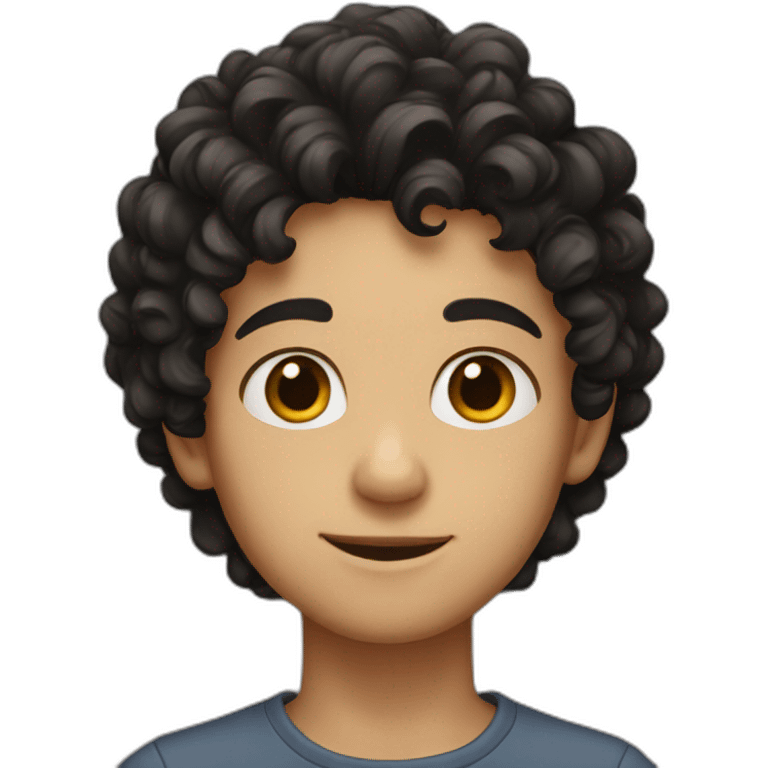 Boy has a brown eyes and black hair curly  emoji